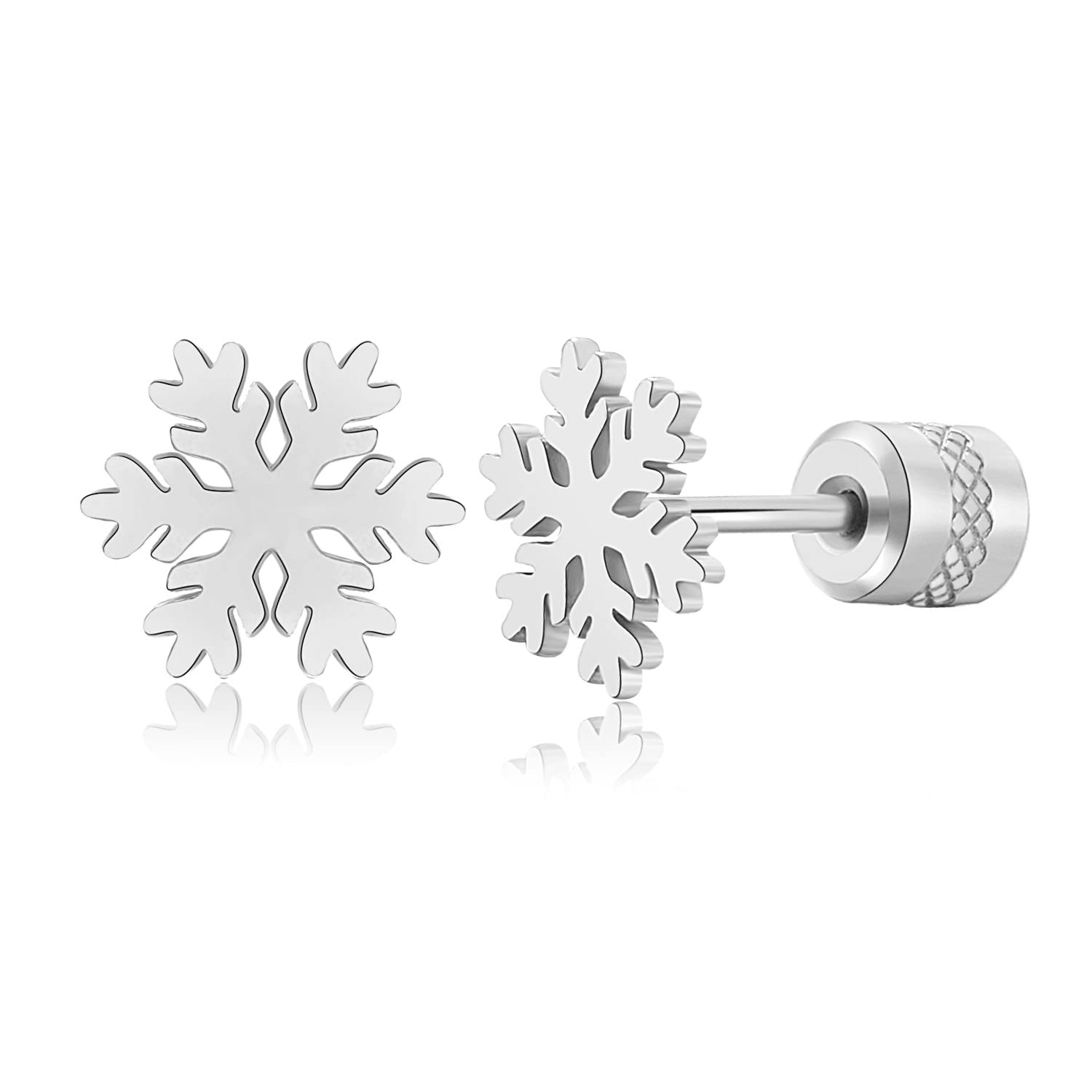 Hopply Winter Snowflake Christmas Earrings Stud for Women's, Titanium Screw Back Stud Earrings Jewellery Gifts, Hypoallergenic Surgical Stainless