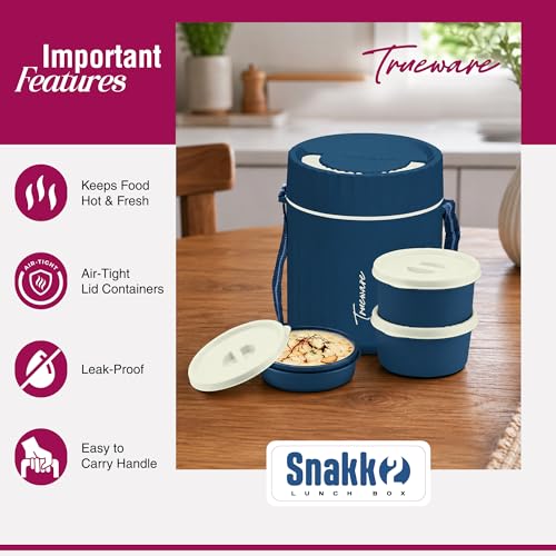 Image of Trueware SNAKK 2 Insulated Hot Lunch Box with 3 PP Container, 2 Container 300 ML Each & 1 Container 200 ML, Food Grade, BPA Free | Office Lunch Box | Tiffin Box