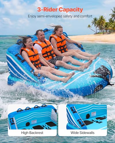 VEVOR Towable Tube für Boote, Wassersport-Schleppreifen für 3 Personen, bis 231 kg Tragfähigkeit, mit 2 Zugpunkten, Nylonhülle, Gepolsterten Griffen und Sicherheitsventil, für Seen, Flüsse, Blau