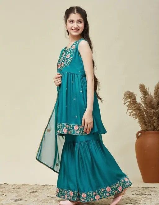 Baby Girls Festive & Party Wear SILK BLEND Kurta Sharara Set with Dupatta
