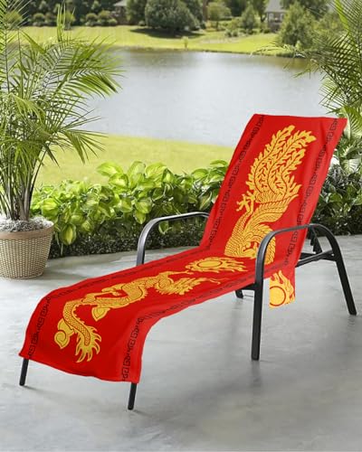 Oriental Dragon Beach Chair Towel Covers for Chaise Lounge with Side Pocket, Soft Plush Pool Towels Cover for Patio Sunbathing Outdoor 29''x85'' Traditional Chinese Happy New Year Red