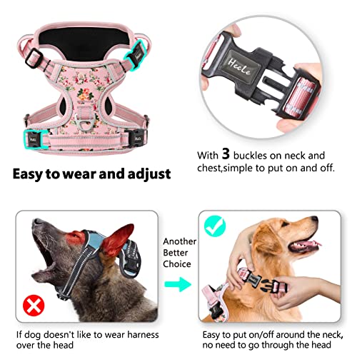 HEELE Hundegeschirr, Zugfestigkeit, reflektierend, mit gepolstertem Griff für mittelgroße Hunde, 1 Schnalle am rechten Halsband, leicht an- und auszuziehen, Blumenmuster, Rosa, M