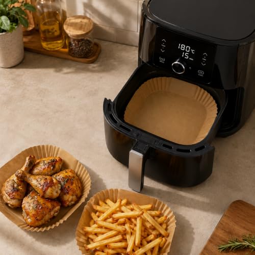 Image of 450 PCS Air Fryer Liners Disposable,Parchment Paper for 5-8 QT Air Fryer | 8 inch square air fryer liners | Non-stick & oil-proof | Heavy-duty & tear-resistant | Food-grade raw wood pulp