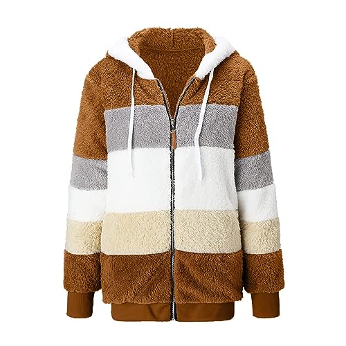 Fuzzy Fleece Jackets for Women Plus Size Hoodies Fall Winter Coats Color Block Patchwork Cardigan Coat with Pockets