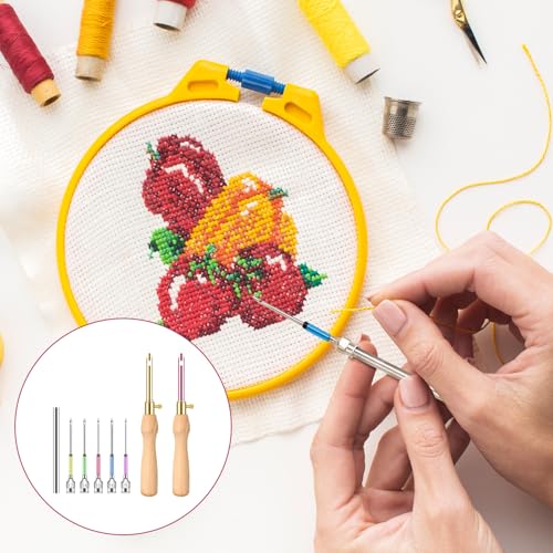 Image of 10 PCS Adjustable Punch Needle Tool, 7 Size Punch Needle Kit with Wooden Handles, Easy Stitch Embroidery Needle Set Kit for Adult Beginners DIY Craft