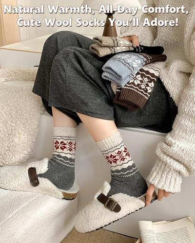 Image of IIG Cute Warm Wool Socks for Women Super Cozy Thick Crew Winter Socks Gifts, 5 Pairs