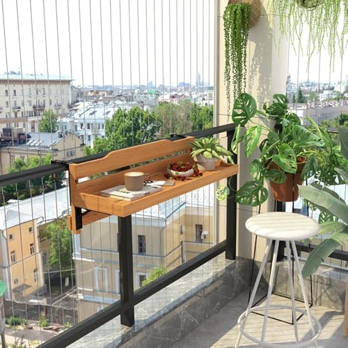 Folding Balcony Railing Table - Adjustable Outdoor Bar Table for Railings, Wooden Courtyard Side Tables - 24x12in, 35x12in, 47x12in (90x30cm/35.4x11.8in)