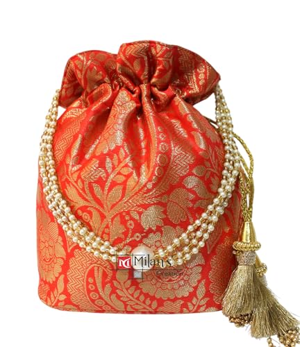 Image of MILAN'S CREATION Banarasi Silk Brocade Potli Bag Purse With Base Drawstring Women's handbag with Pearl Handle & Tassel Weddings