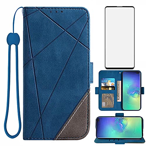 Compatible with Samsung Galaxy S10 Plus Wallet Case and Tempered Glass Screen Protector Flip Cover Card Holder Cell Accessories Phone Cases for Glaxay S10+ Galaxies S10plus 10S Edge S 10 10plus Blue