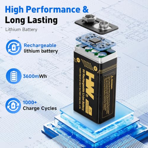 HW 9V Rechargeable Batteries 3600mWh Lithium 4 Pack with 4-Slot Charger - image 2