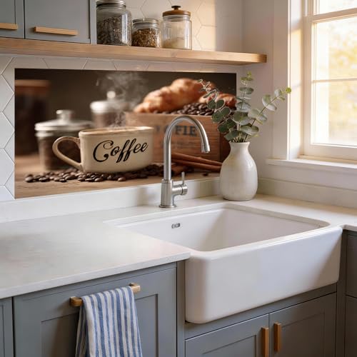Image of Coffee Cup Croissant Backsplash Peel and Stick, 30x16 in
