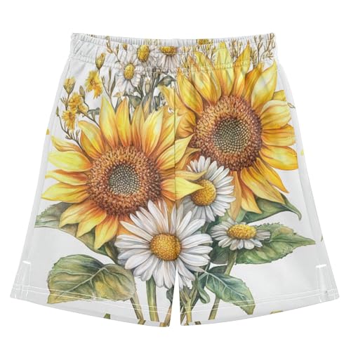 Watercolor Sunflower Daisy Flower Bouquet Boy Casual Shorts Athletic Shorts Pants with Pockets