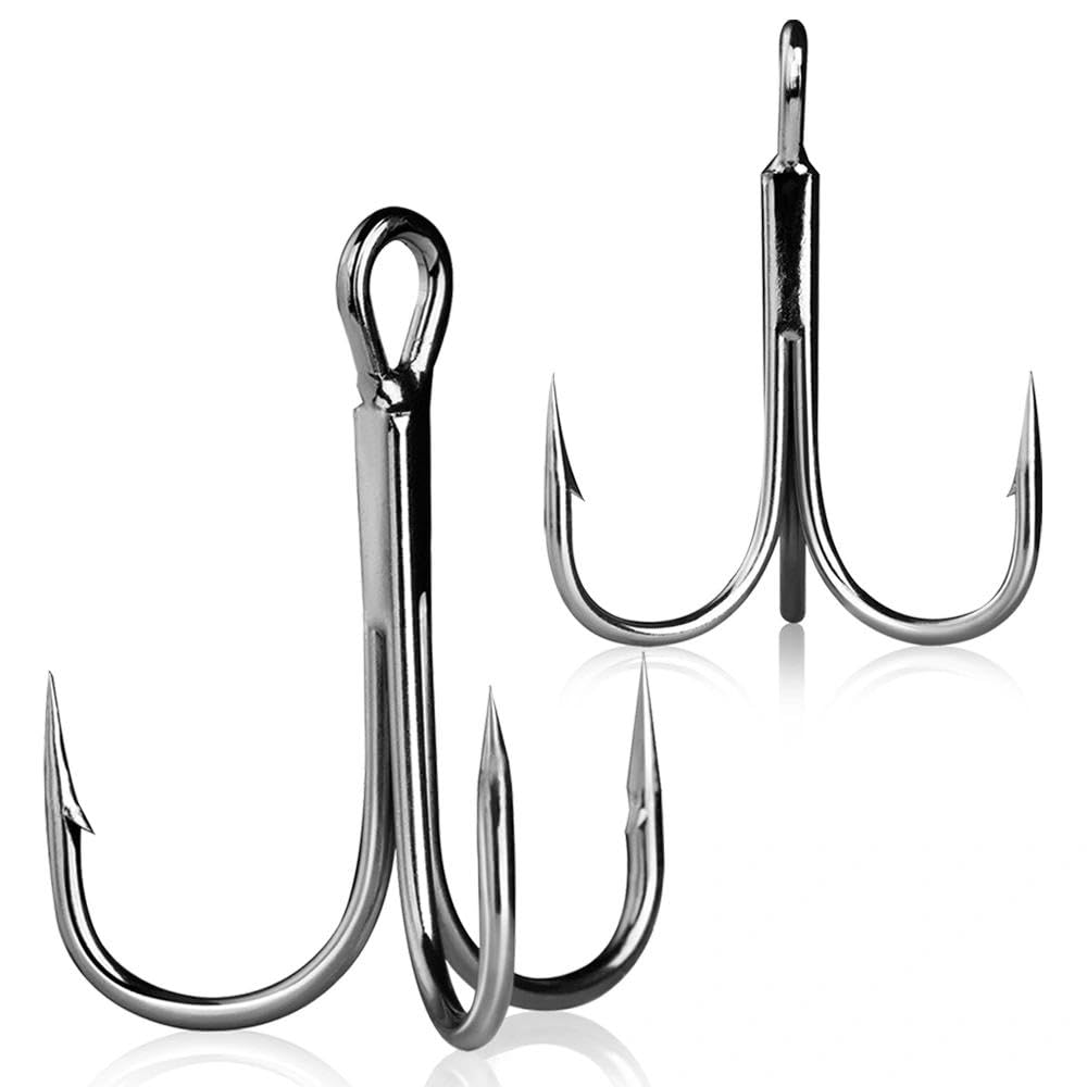 9KM DWLIFE Silver Treble Fishing Hooks 50PCS High Carbon Steel Strong Sharp Treble Fishing Hooks for Pike Perch Trout Saltwater Freshwater Fishing