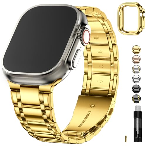 Image of Fullmosa Metal Bands With Case [Watch NOT Included] Compatible Apple Watch Strap 49mm,Steel Apple Watch Band for iWatch Ultra 3 /2 /1,49mm,Golden