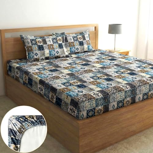 Image of Home Sizzler 210 TC Microfibre Geometric Tile Print Double Fitted Bedsheet (72X78 inch) with 2 King Size Pillow Covers