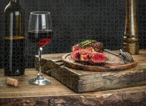 Puzzles for Adults 500 Pieces Jigsaw Puzzles Grilled ribeye Beef Steak red Wine Herbs and Spices Wooden Table Clearance Big Large Difficult Cool Hard for Adults -  ZHEONARTU