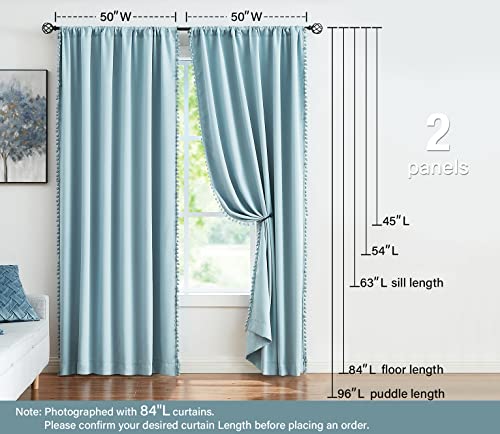 Image of TREATMENTEX Pom-Pom Blue Curtains Living Room 84 inches Energy Efficient Thermal Insulated Room Darkening Curtain Panels for Bedroom Window Draperies Nursery Room Children 50in w x2 Panels Rod Pocket