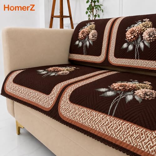 Image of Homerz 'Brooklyn Series' Premium Sofa Cover | Quilted Floral Design | Non-Slip Washable Sofa Protector | Soft Anti Slip Fabric (Brown, 6 (3+2+1) Seater, Seat Cover with Backrest)