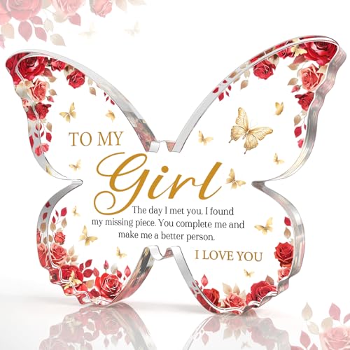 Glydein Romantic Gifts for Girlfriend Anniversary Birthday, 5x3.8x0.5 Inch Butterfly Acrylic Plaque Decor, I Love You Present for Her, Valentines Day Anniversary Birthday Gift for Girlfriend from Boyfriend