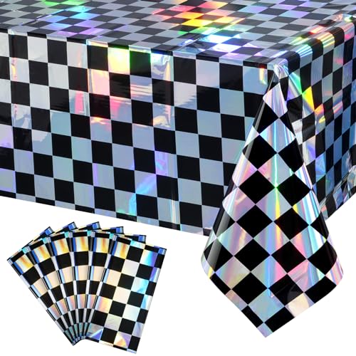 Image of 6Pack Black and Iridescent Checkered Plastic Tablecloth, Shiny Disposable Laser Rectangle Table Covers, Holographic Foil Tablecloth Iridescent Party Decorations for Picnic Camping Race Car, 54x108Inch