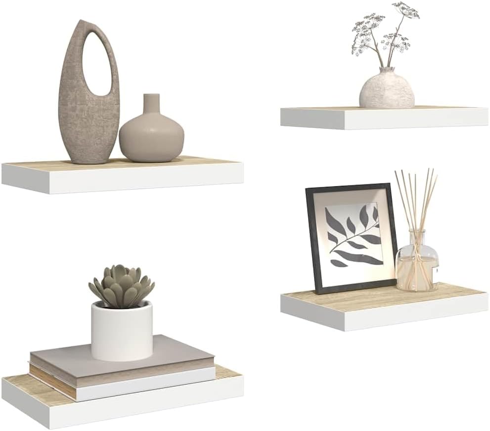 Wall Shelf Set of 4, Oak and White Honeycomb MDF Floating Shelves for Room Wall, 15.7x15.7x1.5 in, Modern Decor Ledge for Living Room, Bedroom, Bathroom