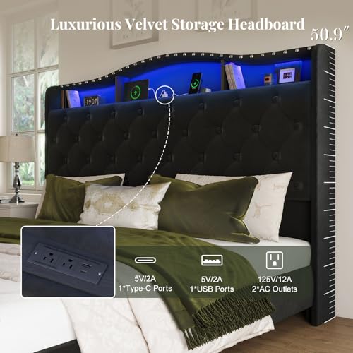 Image of Belffin Queen Size Bed Frame and Headboard, 50.9 inch Velvet Upholstered Wingback Bedframe with LED Lights & Storage /Charging Station, Button Tufted Tall Footboard, No Box Spring Needed, Noise-Free, Black