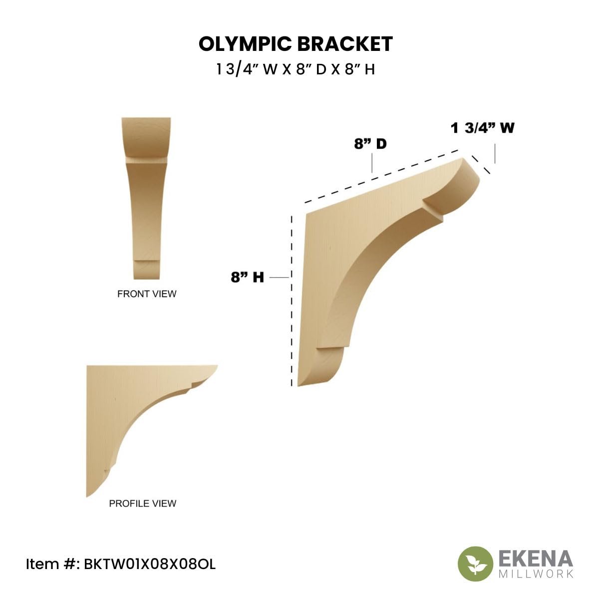 Ekena BKTW01X08X08OLRO 3/4 cala szer. x 20 cm wys. średni uchwyt do drewna olimpijskiego, czerwony dęb, 4,5 dł. x 20 cm wys