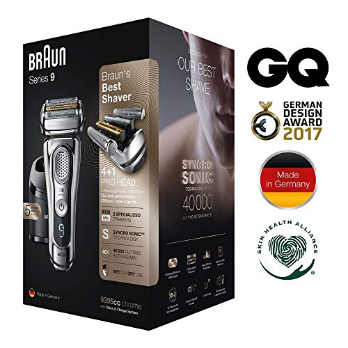Braun Series 9 9395cc Elektrorasierer für Herren, verbesserte Reinigungs- und Ladestation, Ledertasche, Elektrorasierer für Nass- und Trockenheit, Präzisionstrimmer, verchromt | 1er Pack - Image 6