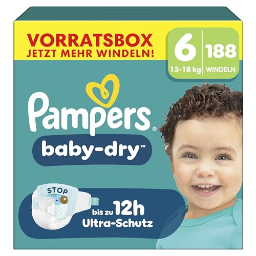 Pampers Baby-Dry Größe 6 188 Windeln 13kg-18kg Bis zu 100% Auslaufschutz & Komfort die ganze Nacht
