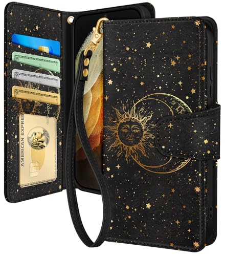 Toycamp for Samsung Galaxy S21 Ultra Wallet Case with Wrist Strap - Leather Flip Folio Cover with RFID Blocking 4 Card Slots Galaxy S21 Ultra Cute Aesthetic for Women Lady Black Sun Moon