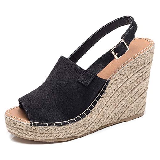 U-lite Sandália feminina fashion casual peep toe alpargata anabela fivela de tornozelo sapatos romanos de plataforma alta, Lona preta, 8