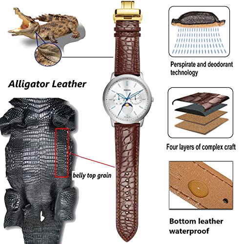 Image of Moran Genuine Leather Band Alligator and Cowhide Replacement Deployment Buckle Watch strap18mm to 24mm Crocodile Leather Strap for Men's and Women's
