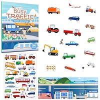 Vehicle Sticker Book for Toddlers, Reusable Waterproof Train Stickers for Kids, Plane Travel Activities Busy Book, Educational Learning Toy for Boys and Girls