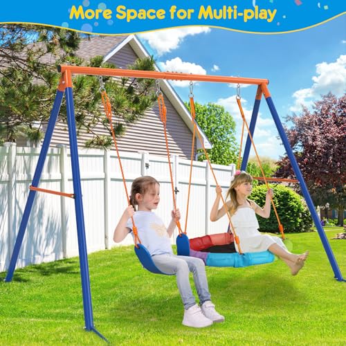Image of GIKPAL Swing Set with Stand, 32 inch Saucer Plus Belt Seat for Backyard | Dual-seat backyard setup with quick-drying saucer fabric, classic belt seat, metal A-frame, and enough space for 2 kids.