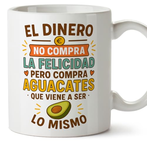 MUGFFINS tazas originales para regalar | tazas divertidas para regalar con frase El dinero no compra la felicidad pero compra aguacates en Español | humor, graciosas | comida v1