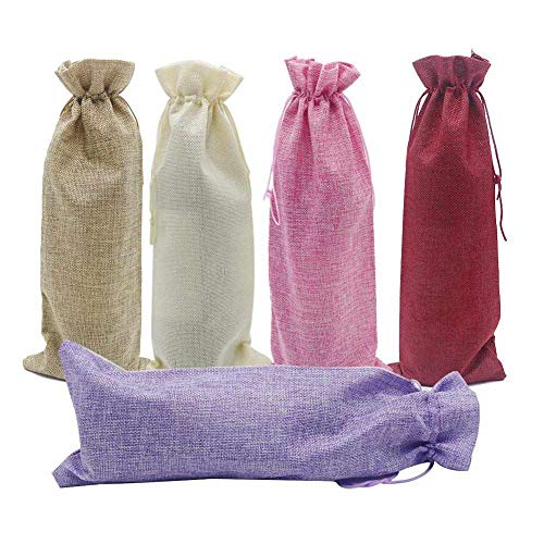 Hualiyuyuan 10 bolsas de yute, 14 x 6 1/4 pulgadas, bolsas de regalo para botellas de vino con cordón (5 colores)