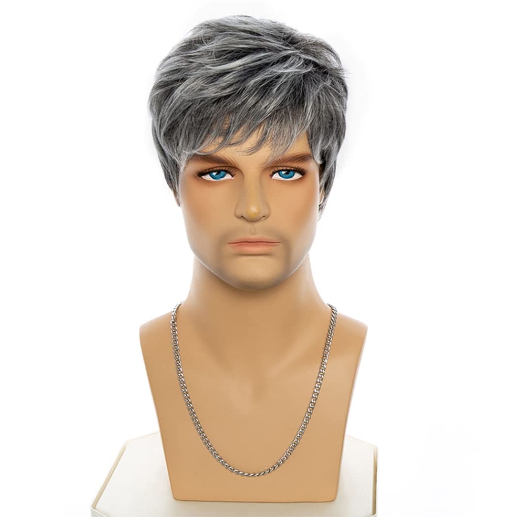 Parrucche sintetiche dritte grigie miste corte per uomini giovani con frangia Toupee per capelli per uomo Parrucche a strati soffici ed eleganti naturali Parrucche da uomo (Grigio misto)