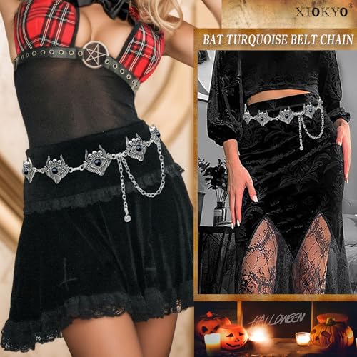 Turquoise Concho Belt Silver Skull Eyes Western Gothic Carving Waist Chain Belt for Women3