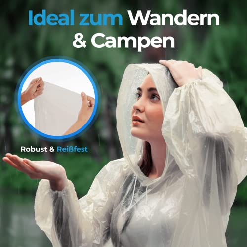 Foto von skapandi 8x Einweg Regenjacke mit Kapuze | Regencape | Regenponcho | Regenbekleidung | transparent & wasserdicht für Erwachsene und Kinder