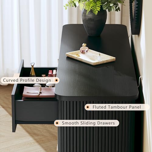 Image of HUAHUU Fluted 6 Drawers Dresser for Bedroom, 55 inch Mid Century Modern & Chests of Drawers, Curved Profile Design, TV Stand, Wood Storage Dresser for Entryway, Hallway, Black