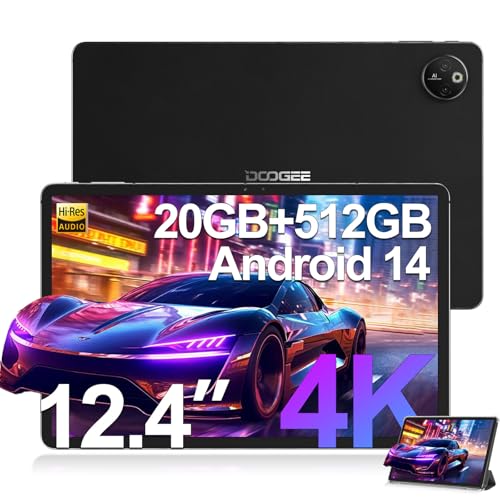 DOOGEE T30 Max Tablet 12.4 Inch 4K, Android 14 Tablet, 20GB RAM + 512GB ROM (2TB TF), Helio G99 Tablets with 10800mAh Battery and 33W Fast Charging, 50MP+20MP TUV Certified, Side Fingerprint, Black