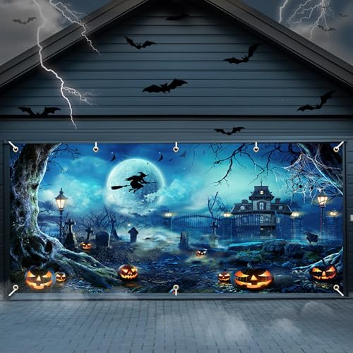 Avezano 6x13 ft Halloween Garage Door Banner Halloween Full Moon Scary Night Castle Garage Door Backdrop Spooky Witch Cemetery Child Kids Halloween Party Decorations (Blue)