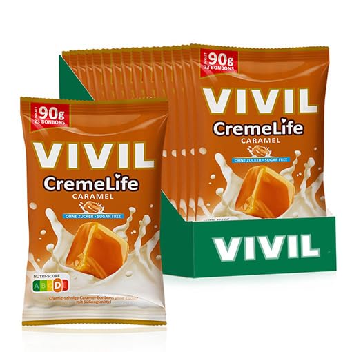VIVIL Creme Life Caramel, 15 Beutel, Sahnebonbons mit Karamellgeschmack, zuckerfrei & glutenfrei, 15 x 90g