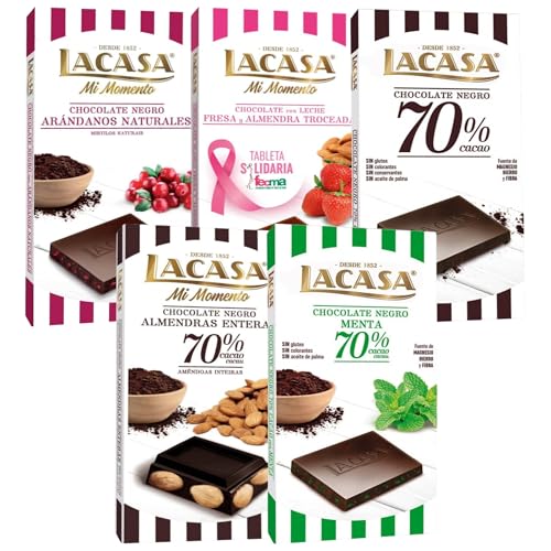 Pack Lacasa 5 deliciosas tabletas de chocolate de distintos sabores y tamaños: arandanos , leche fresa y almendra ,negro , menta , almendra 200g