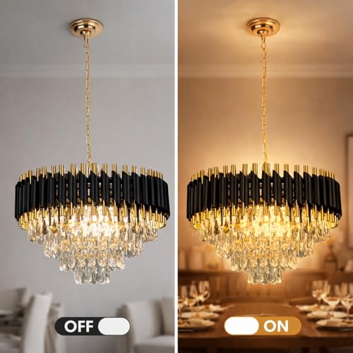 Image of One94Store Modern Crystal Chandelier Ceiling Light 500mm, Tricolour LED (Warm, Cool & Natural White), Luxury Black & Gold Decorative Jhumar for Living Room, Dining Hall & Bedroom