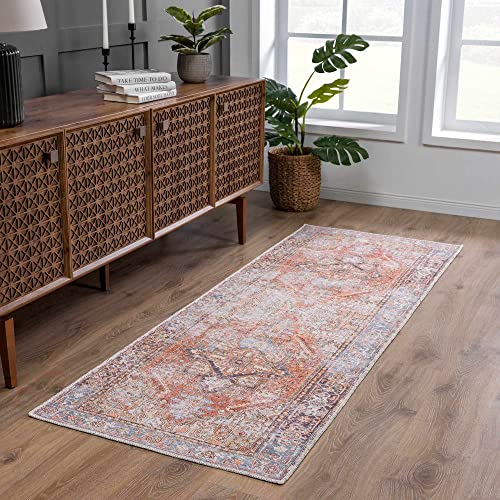 Hauteloom Georgia Eira Machine Washable Kitchen Runner Rug - Persian Medallion Faded Style - Entryway Distressed Long Carpet - Terra Cotta, Brick Red, Brown, Orange, Blue - 2'7