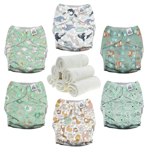 Image of Mama Koala 3.0 Pocket Cloth Diapers for Babies with AWJ Lining, 6 Pack with 6 4-Layer Natural Cloth Diaper Inserts - Reusable and Washable Pocket Diapers (Adorable Animal)