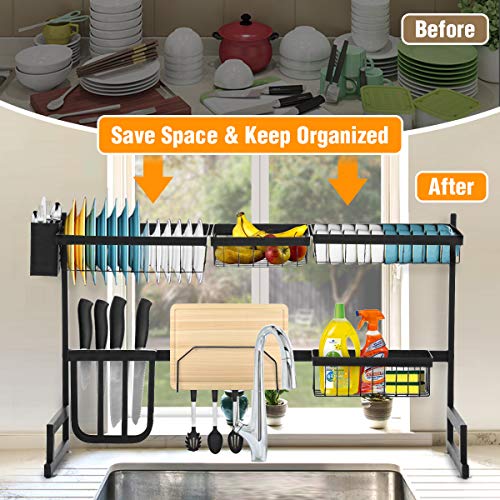 Over The Sink Dish Drying Rack, KINGSO 2 Tier Dish Rack Holder Stainless Steel Kitchen Non-Slip Dish Drying Drainer Rack w/Utensil Holder Hooks for Kitchen Counter Organization Storage Space Saver - Thumbnail 6