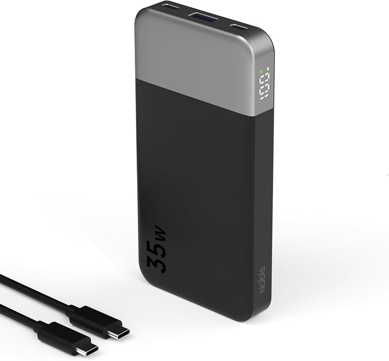 NOBIS Power Bank 35W 10000mAh Portable Charger | Fast Charging Battery pack, 2 USB-C In&Out, 1 USB A, Digital Display, Compatible Phone 17, S25, Tablet