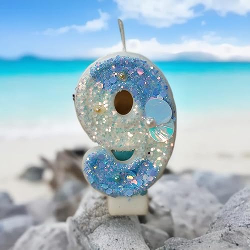 Xueliyun Girls Shell Mermaid Birthday Candles Sequins Candles For Cake Blue Ocean Beach Birthday Cake Sequins Number 9Th Toppers For Boys Party Decorations